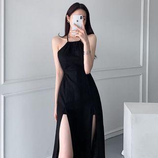 Halter Slit Midi A-line Dress