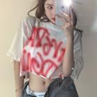 Elbow-sleeve Lettering Print Cropped T-shirt White - One Size