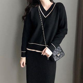 Set: V-neck Sweater + Pleated Midi Knit Skirt