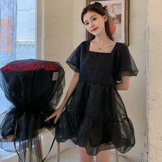 Puff-sleeve Mesh A-line Mini Dress