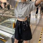 Short-sleeve Drawstring Cropped Polo Shirt / Irregular Mini A-line Skirt