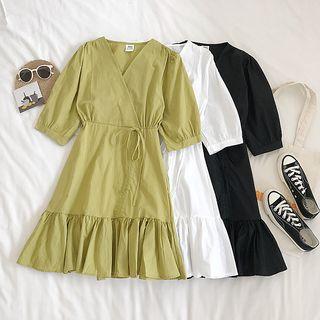 Puff-sleeve Wrap Frill Trim A-line Dress