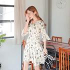 3/4-sleeve Floral Pattern Dress With Sash