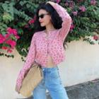 Crewneck Floral Cropped Cardigan Pink - One Size