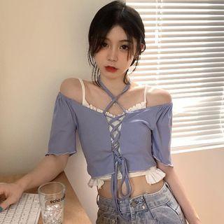 Short-sleeve Lettuce Edge Lace-up Crop Top / Ruffle Trim Ruched Cropped Camisole Top