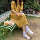 Puff-sleeve Round-neck Plaid Loose-fit Midi Dress Yellow - One Size