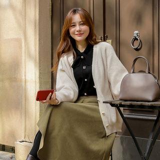Metallic-button Wool Blend Oversized Cardigan