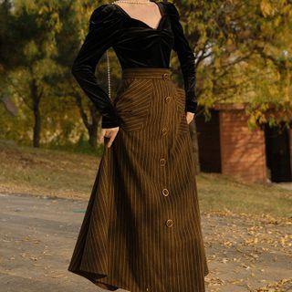 Set: Long-sleeve Velvet Blouse + Striped Midi A-line Skirt