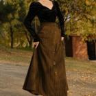 Set: Long-sleeve Velvet Blouse + Striped Midi A-line Skirt