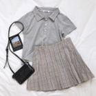 Short-sleeve Polo T-shirt / Plaid Pleated Mini Skirt