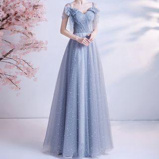 Short-sleeve Bow A-line Evening Gown