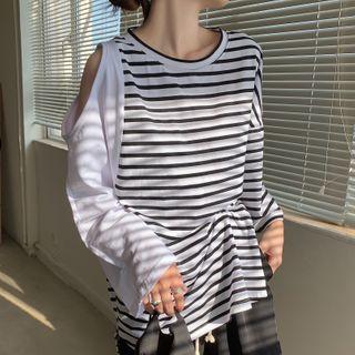 Cold-shoulder Striped Long-sleeve T-shirt As Shown In Figure - One Size