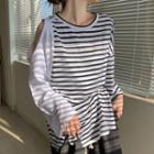 Cold-shoulder Striped Long-sleeve T-shirt As Shown In Figure - One Size