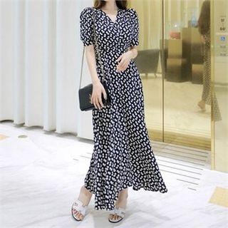 Tie-waist Short-sleeve Patterned Maxi Dress
