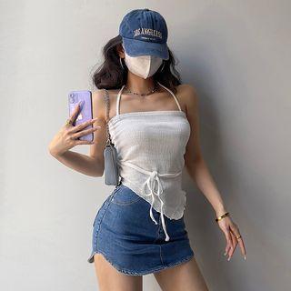 Plain Pleated Lace-up Tube Top