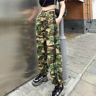 Camo Print Wide-leg Pants Green & Beige & Grayish Brown - One Size
