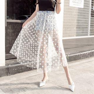 Dotted Mesh Overlay Denim Midi Skirt