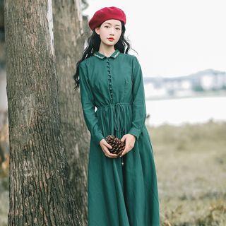 Long-sleeve Floral Embroidered Midi A-line Collared Dress