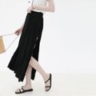 High-waist Plain Pleated Split A-line Skirt Black - One Size