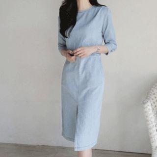Elbow-sleeve Slit-front Denim Dress