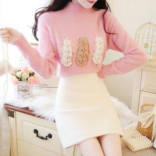 Mock-neck Leaf Print Sweater / A-line Skirt / Set