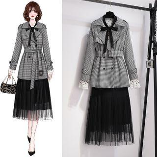 Houndstooth Belted Trench Coat / Dotted Blouse / Mesh Midi A-line Skirt / Set
