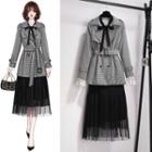 Houndstooth Belted Trench Coat / Dotted Blouse / Mesh Midi A-line Skirt / Set