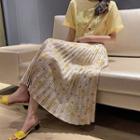Embroidered Elbow-sleeve T-shirt / Triangle Print Midi A-line Skirt