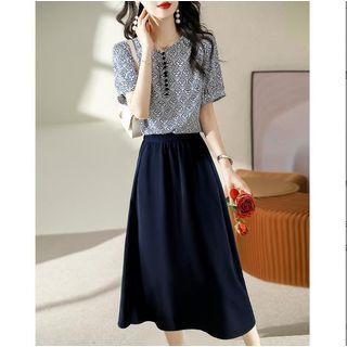 Set: Elbow-sleeve Patterned Top + Midi A-line Skirt