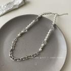 Chain Faux Pearl Necklace 1pc - Silver - One Size