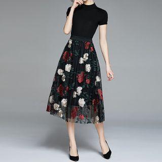 Set: Short-sleeve Mock-neck Knit Top + Embroidered Mesh Midi A-line Skirt