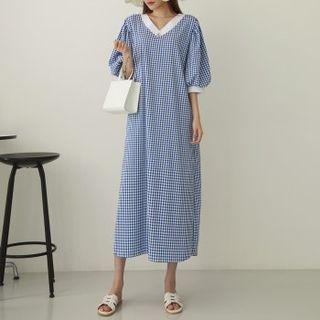 Puff-sleeve V-neck Gingham Maxi Dress