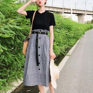 Set: Short-sleeve Plain Top + A-line Midi Skirt