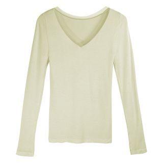 Long-sleeve Mesh Trim V-neck Top