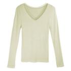 Long-sleeve Mesh Trim V-neck Top