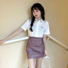 Short-sleeve Cropped Shirt / Plaid Sheath Skirt