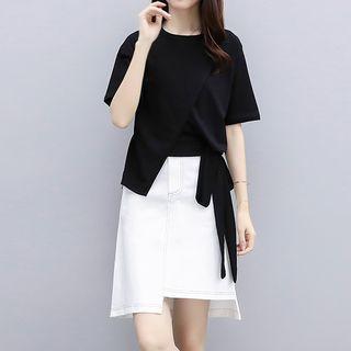 Set: Side Tie Short-sleeve T-shirt + Asymmetric Hem A-line Skirt