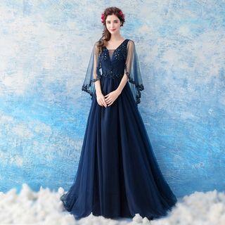 3/4-sleeve Sheer Panel A-line Evening Gown