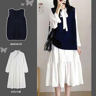 Set: Knit Vest + Long-sleeve Tiered Midi A-line Dress