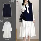 Set: Knit Vest + Long-sleeve Tiered Midi A-line Dress