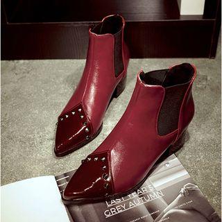 Block Heel Studded Pointed Short Boots