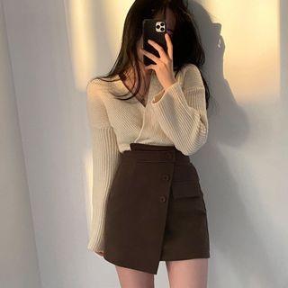 V-neck Wrapped Knit Top / High Waist Asymmetrical Mini Pencil Skirt