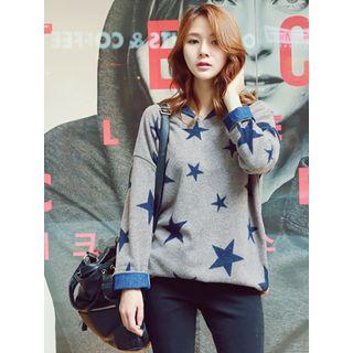 Star Pattern Denim-lined Knit Top