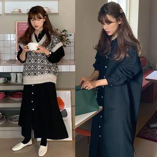 Long-sleeve Plain Shirt Dress / Short-sleeve Pattern Printed Knit Top
