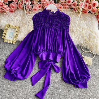 Long Sleeve High-neck Crinkled Crop Blouse