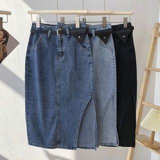 Split High Waist Denim Midi Skirt A-line Skirt