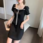 Frill-trim Puff Sleeve Square Neck A-line Dress