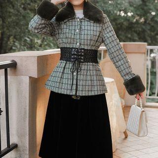 Set: Plaid Single-breasted Jacket + Midi A-line Skirt