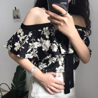 Flower Print Off-shoulder Short-sleeve Top As Shown In Figure - One Size