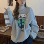 Mock-turtleneck Earth Print Pullover Light Gray - One Size